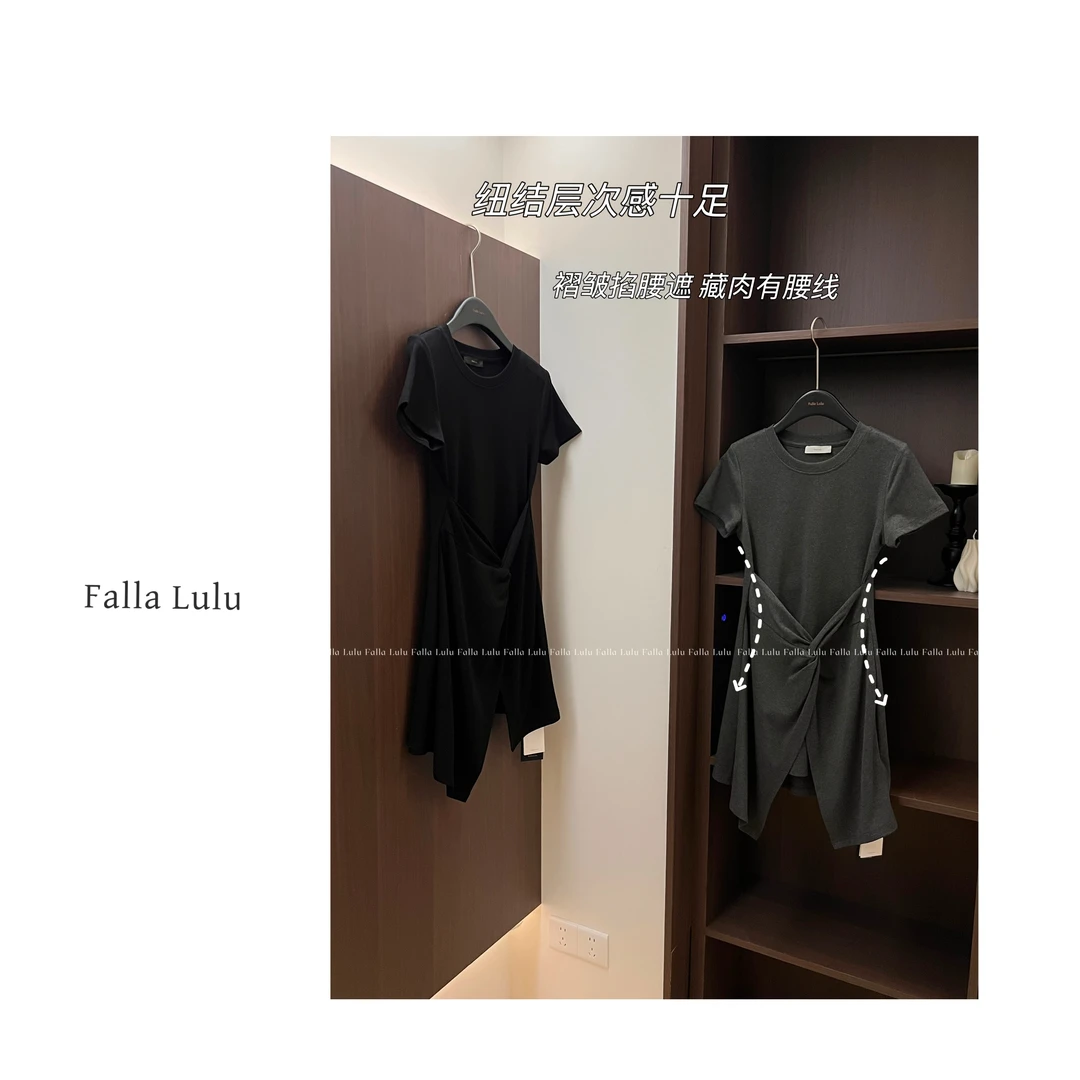 【简束掐腰裙】纽结褶皱掐腰遮藏肉连衣裙 E25070