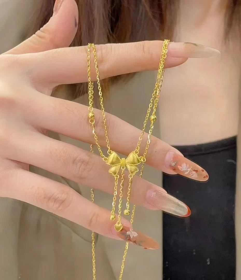 足银银制品 足银吊坠 蝴蝶结三珠项链  足银999套链