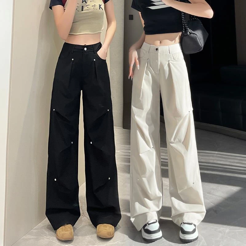 女士直筒工装裤铆钉工装裤女春夏2025新款高腰宽松显瘦直筒休闲裤