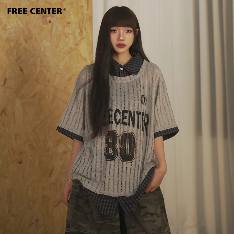 Free Center镂空假两件格纹短袖潮男女夏季美式学院风轻薄透气T恤