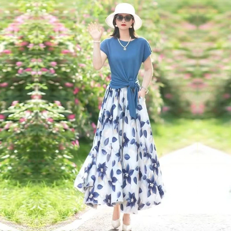 夏季薄款系带收腰显瘦圆领短袖T恤女针织衫上衣大摆A字碎花半身裙
