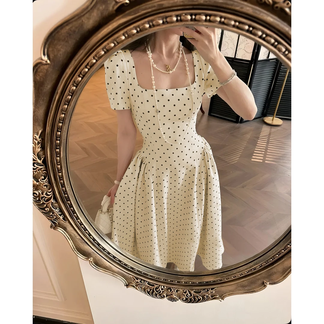 【沈小鹿】法式复古波点白色连衣裙女夏长裙收腰气质公主裙D1411