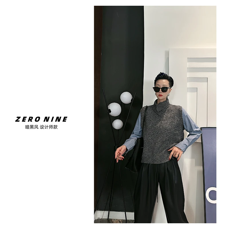 Dan Dan 牛仔拼接灰色毛针织衫女 韩版叠穿高领毛衣