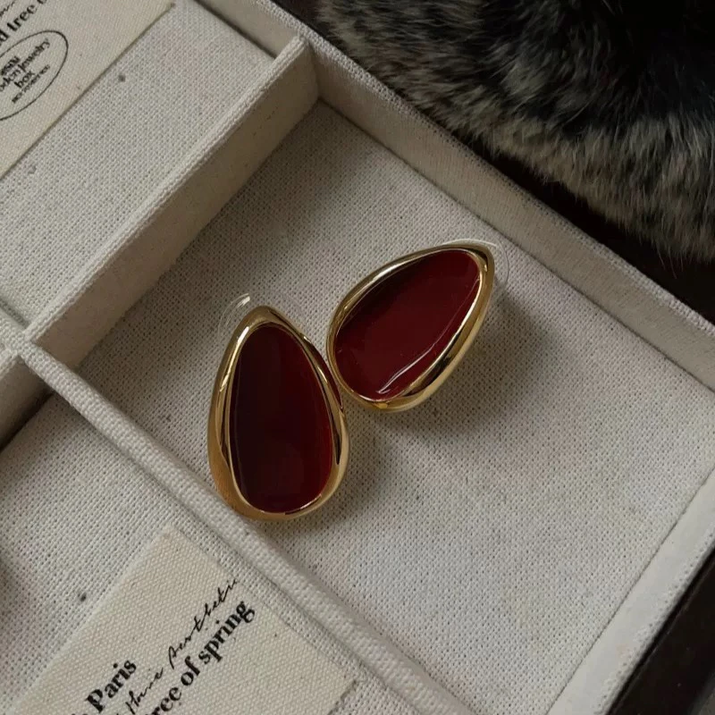 铜合金耳饰 复古红滴油包边耳钉冷淡风女复古耳饰 A169