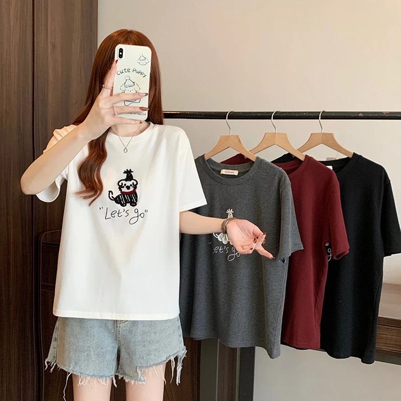 2025夏装新款胖mm大码女韩版减龄卡通绣花圆领短袖T恤33523