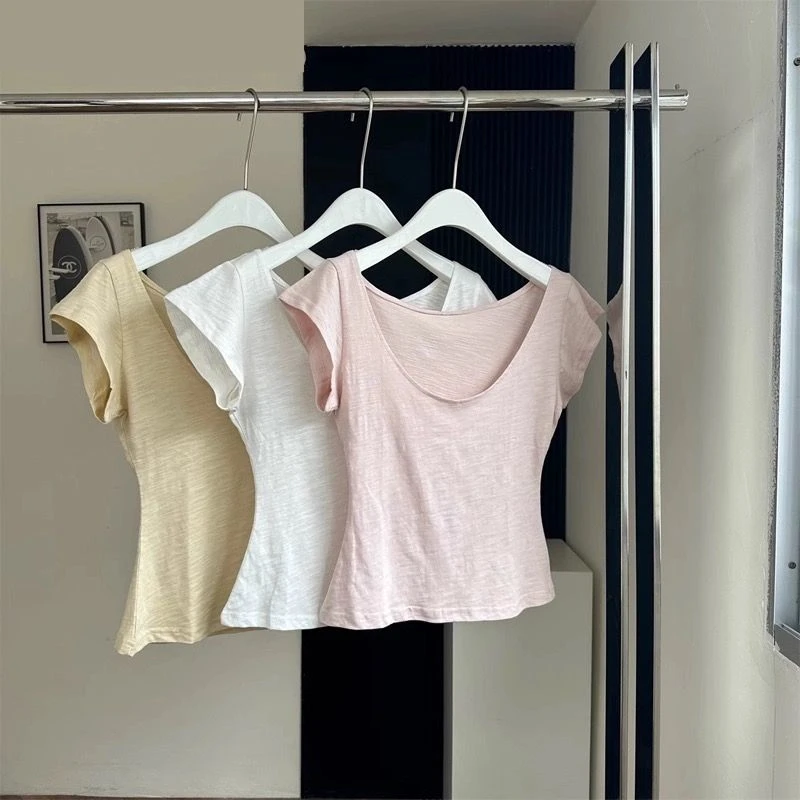 韩系甜辣妹U领大领口短袖T恤女春夏季修身显瘦竹节棉短款半袖上衣