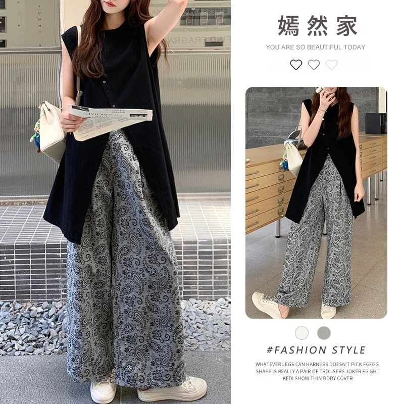 黑色显瘦气质套装女2025夏季新款时尚开叉上衣印花阔腿裤两件套