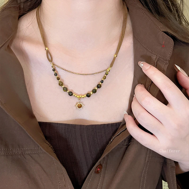 合金项链 美拉德棕色太阳花虎眼石项链双层复古配饰高级感毛衣链