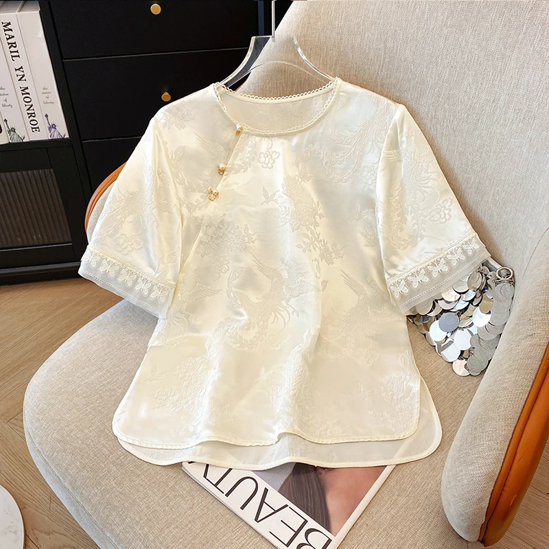 新中式T恤女短袖上衣夏季显瘦国风内搭改良宽松白色缎面提花小衫