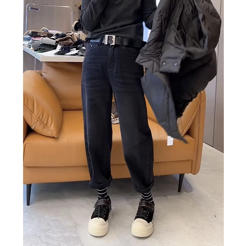 小个子高腰大码显瘦直筒裤女秋冬新款弹力加绒加厚九分哈伦牛仔裤