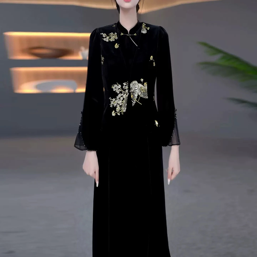 【外套+连衣裙】DBF-25B077YR 新款气质时尚重工丝绒轻奢两件套裙