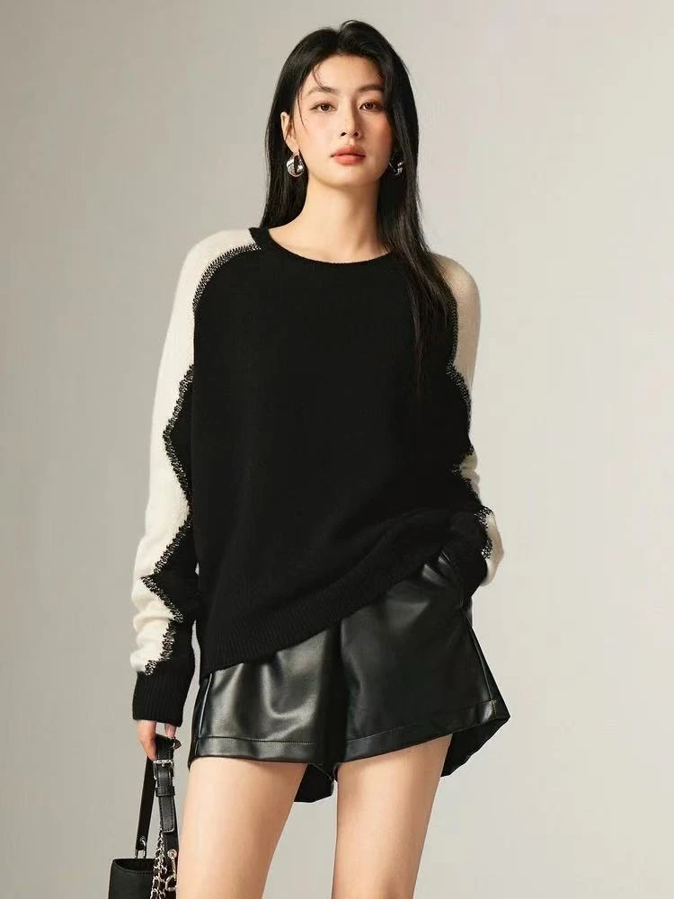 YG S胸120-180长63拼色针织插肩袖宽松型圆领宽松设计感百搭 7878