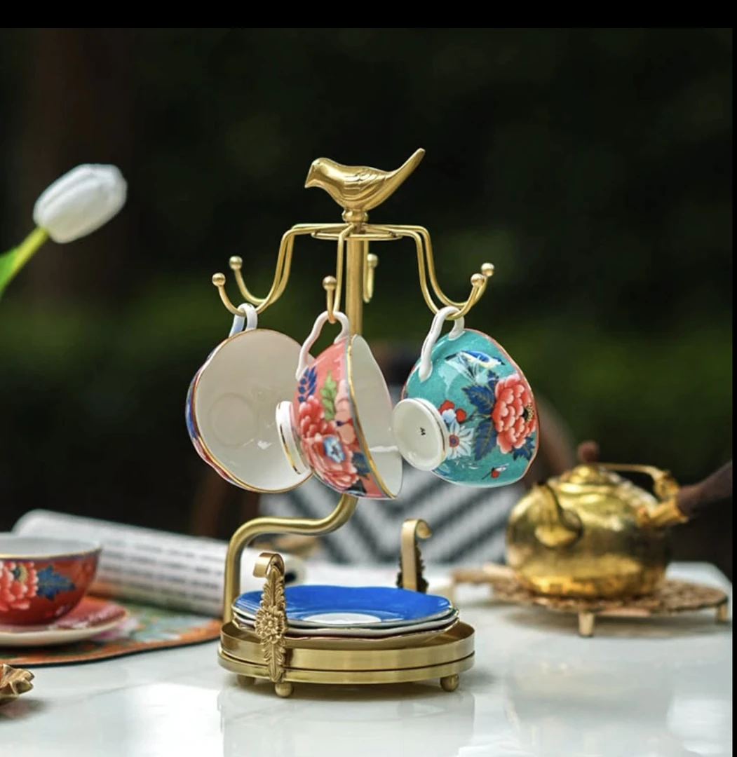 黄铜6勾高级感咖啡杯碟收纳客厅大气轻奢陶瓷杯架创意置物架高档