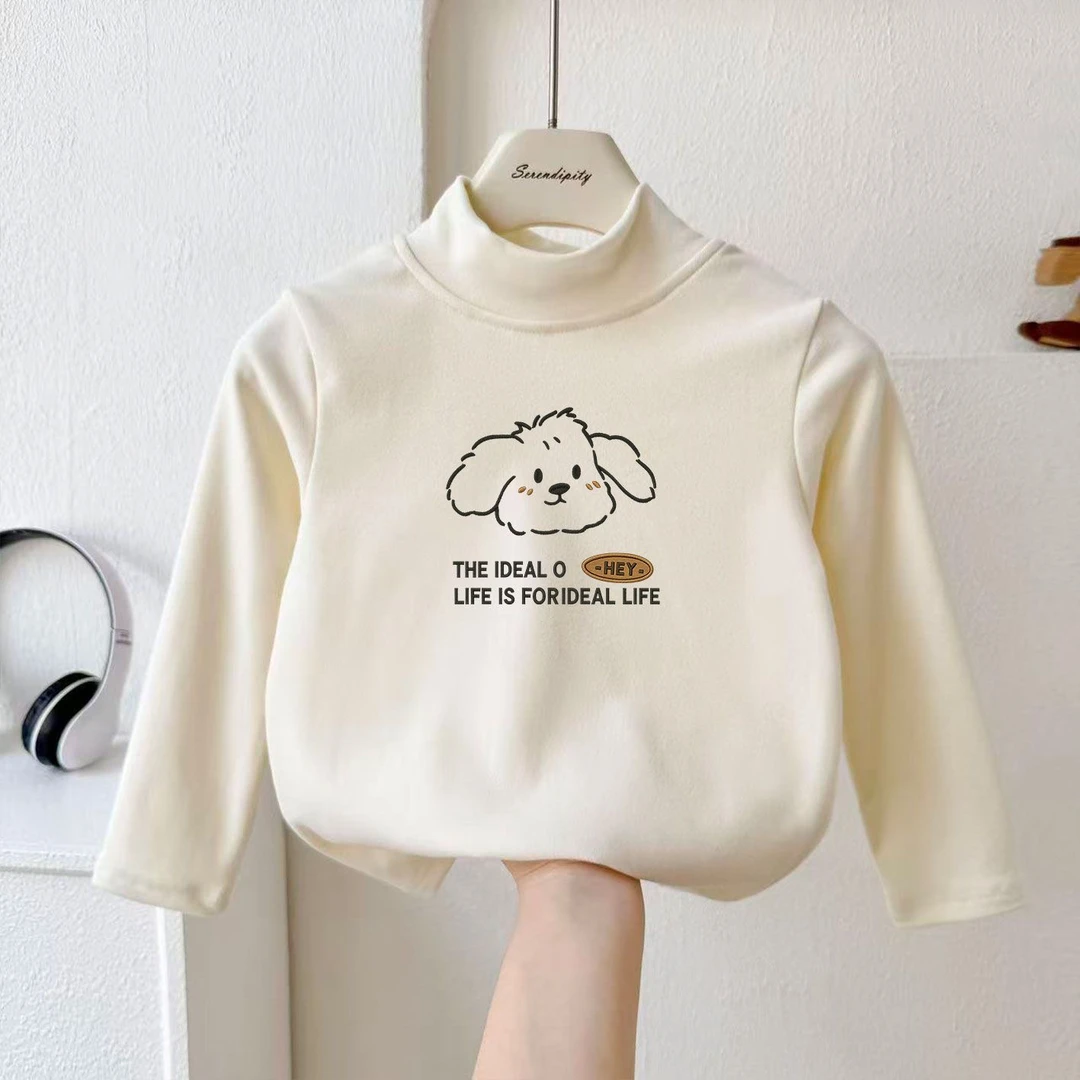 韩系德绒儿童可爱圆领宝宝百搭长袖T恤新款女童卡通纯色打底上衣t