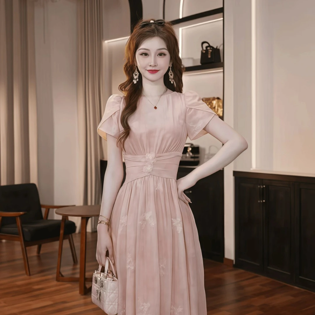 21858 Z夏季新款女粉色连衣裙法式气质名媛高端轻奢修身显瘦长裙