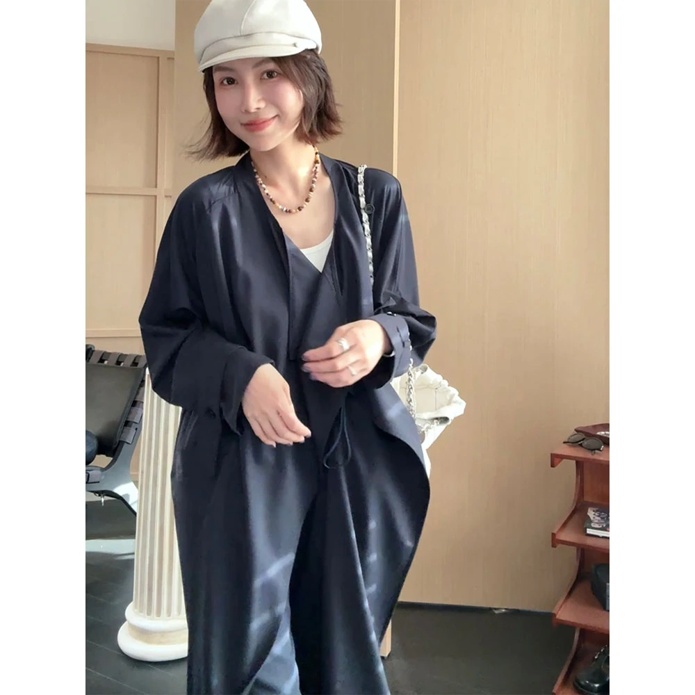 【MGDM】英伦风气质宽松薄款风衣女醋酸羊毛翻领中长款外套女