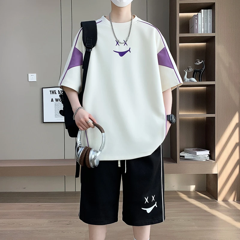 男士短袖T恤套装2025夏季新款港风青少年百搭宽松学生潮流两件套