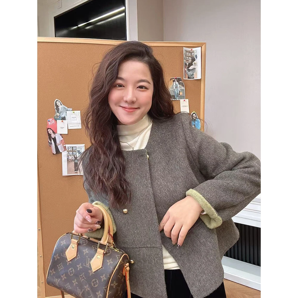 WenWen小个子2025韩版秋冬新款呢子双色底面短外套大衣4494