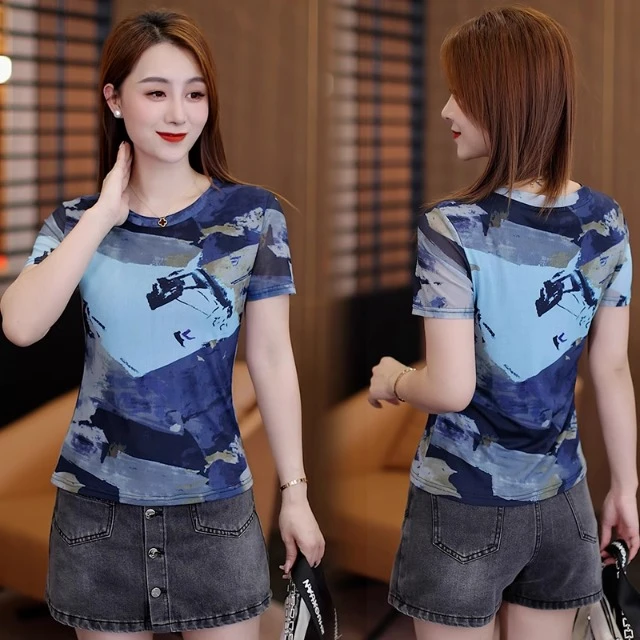 水墨印花短袖T恤女夏季时尚洋气显瘦气质上衣修身圆领百搭女体恤