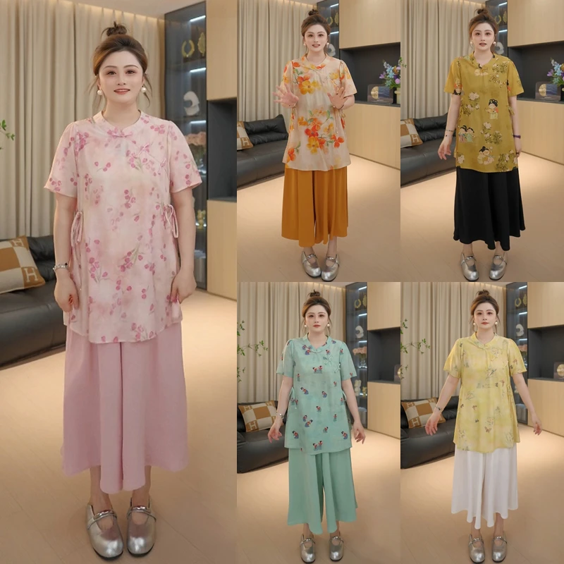 【胖佳佳】现货~唐宫夜宴 国风雪纺印花上衣裙裤两件套H625Z10945