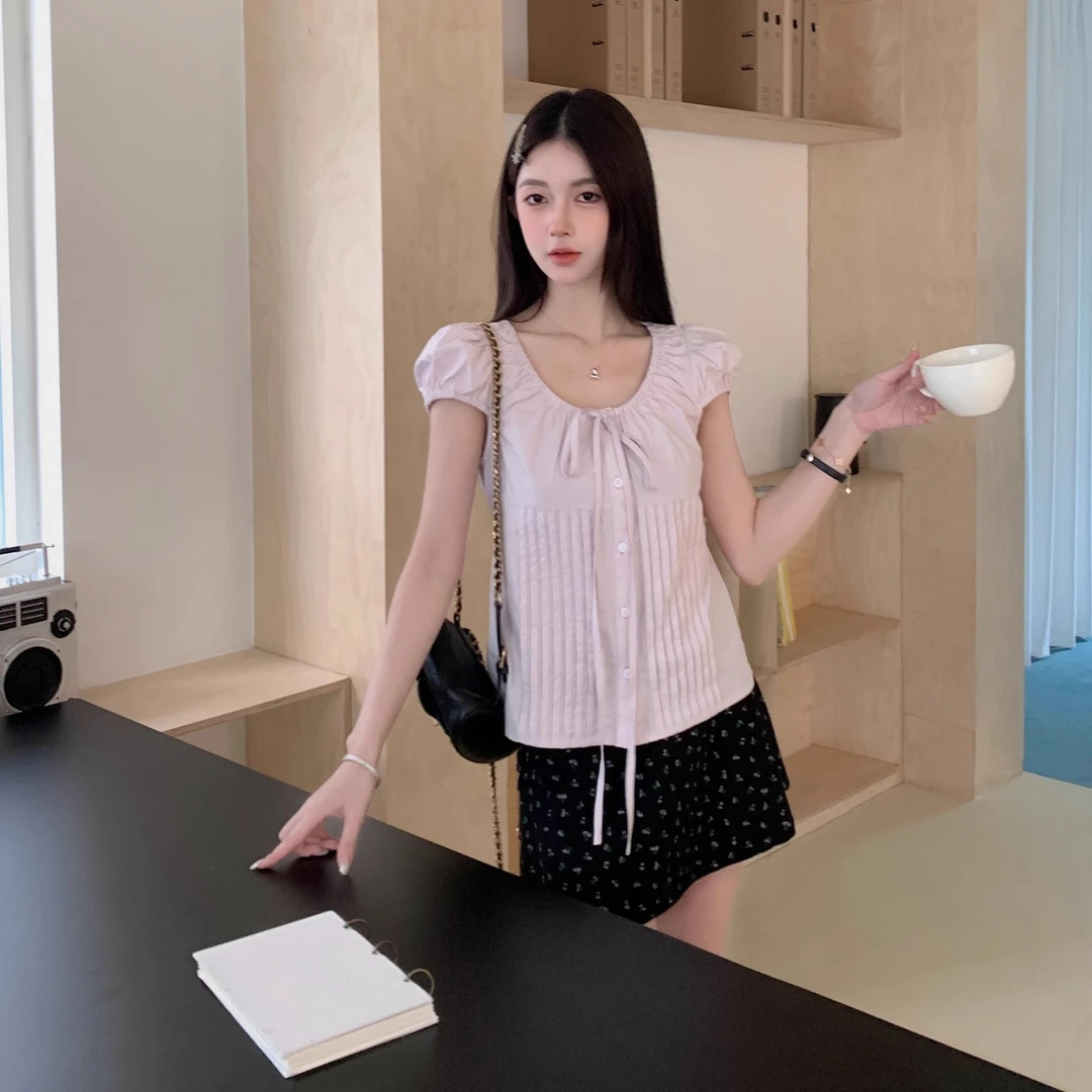 甜美小众设计感短袖t恤女夏季2025新款蝴蝶结系带泡泡袖短款上衣