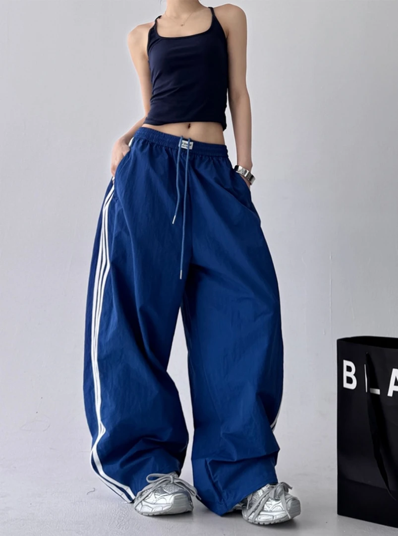 美式复古藏青色直筒舞蹈休闲裤女薄2025夏季速干侧条纹运动阔腿裤
