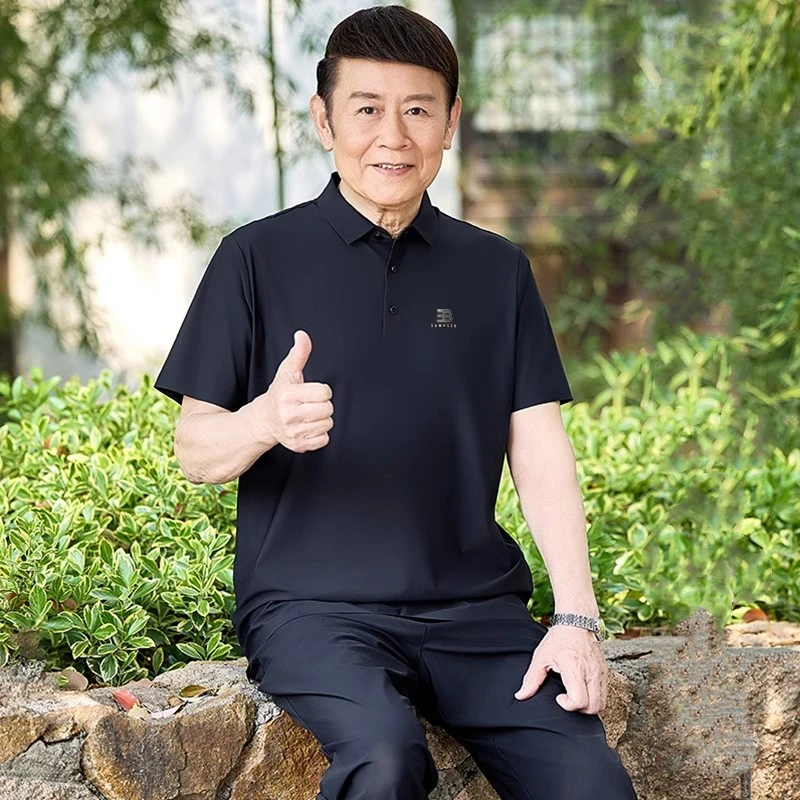 夏季爸爸休闲短袖套装冰丝翻领T恤中年男士无痕POLO衫运动两件套