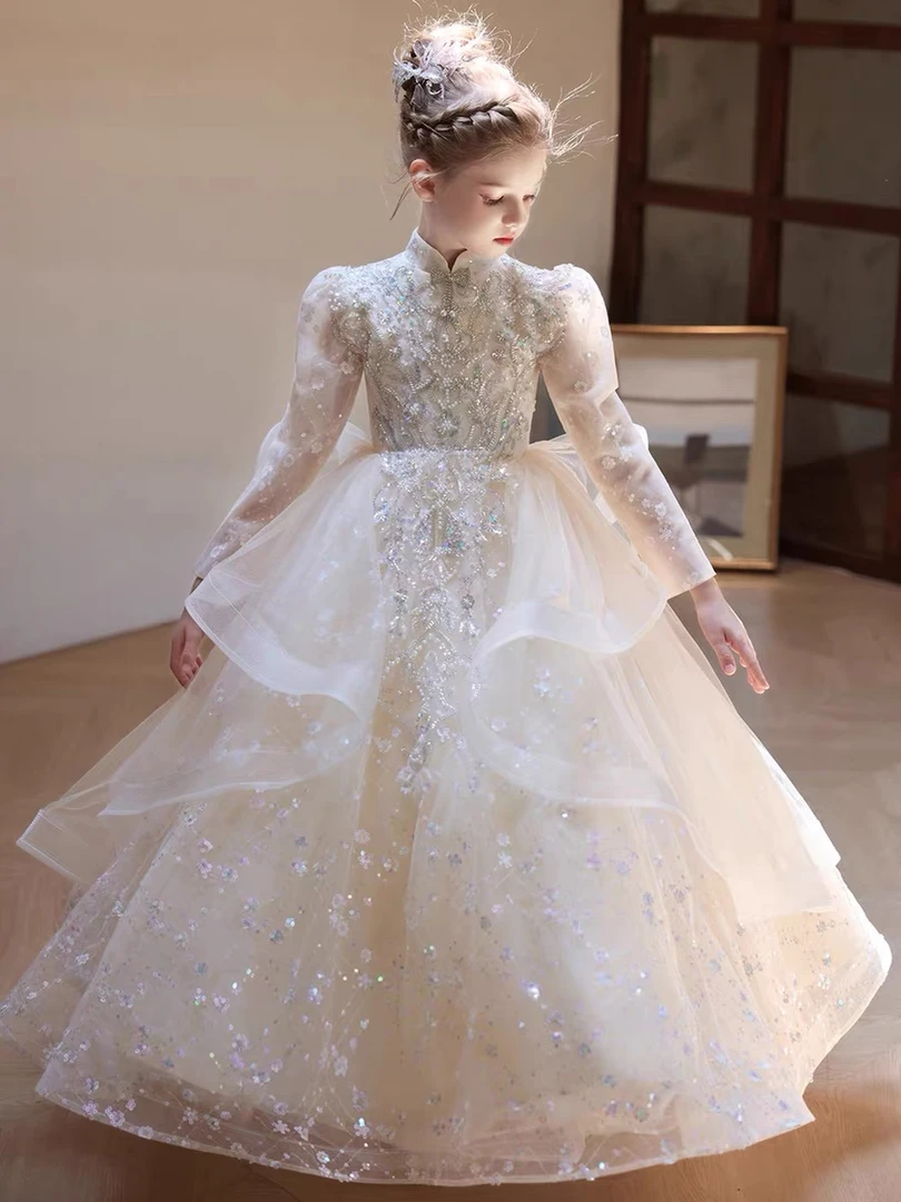 【云汐】现货玖月长款闪亮重工礼服花童婚礼裙儿童生日主持人演出服