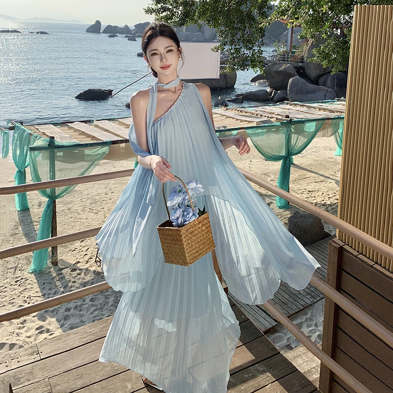 高级感超好看连衣裙海边性感露背女神穿搭盐系轻熟两件套长裙可拆