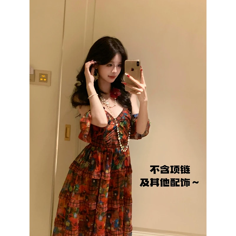 【Synw屁羊】烈焰玫瑰 七分袖碎花复古性感度假长裙