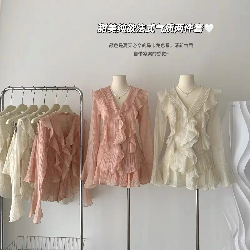 N3477荷叶边套装2025夏新款甜美风设计感收腰衬衫上衣短裙两件套