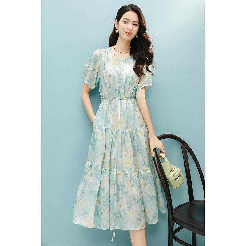 晚白【新品】2025夏季绝美度假风裙子印花收腰短袖连衣裙25041750