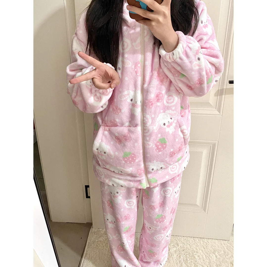 日系甜点兔珊瑚绒睡衣女冬季夹层甜美卡通加厚休闲家居服套装外穿