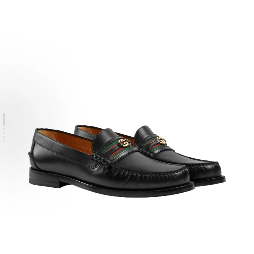 未使用 GUCCI/古驰 15623263乐福鞋双G金扣红绿织带男款黑色