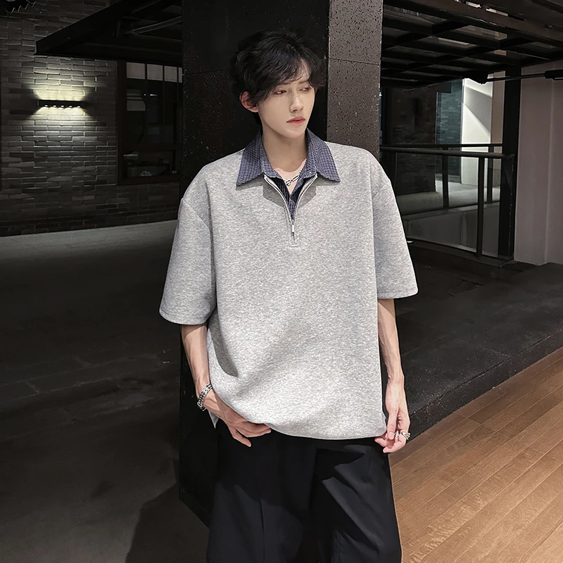 半拉链假两件衬衫领重磅短袖t恤男夏季美式高街潮牌痞帅五分半袖