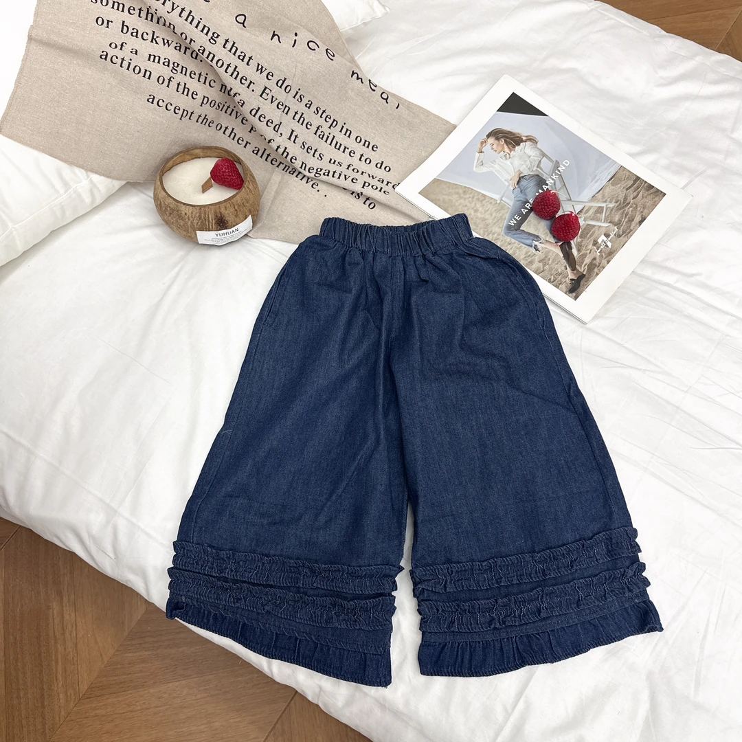 佐一女童裤子夏季儿童森系韩版休闲宽松柔软木耳边九分直筒牛仔裤