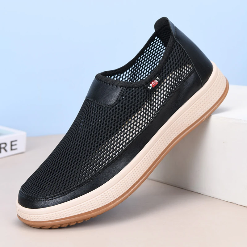 夏季男士休闲鞋透气网面男鞋一脚蹬爸爸鞋中老年网鞋开车专用鞋子