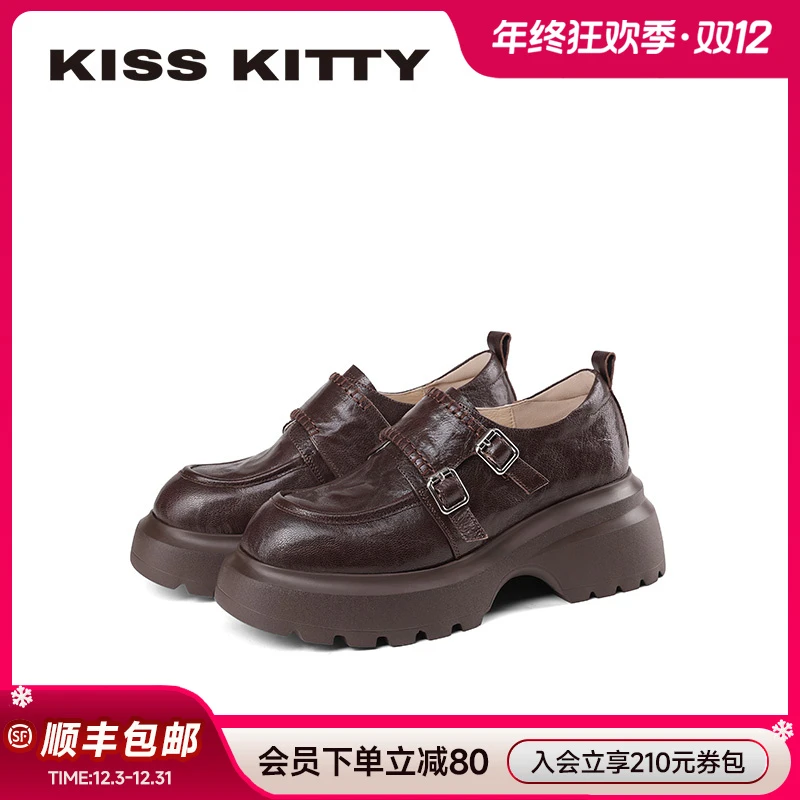 Kiss Kitty【柔软羊皮】粗跟圆头新款皮鞋春季时尚韩版学院风乐福鞋
