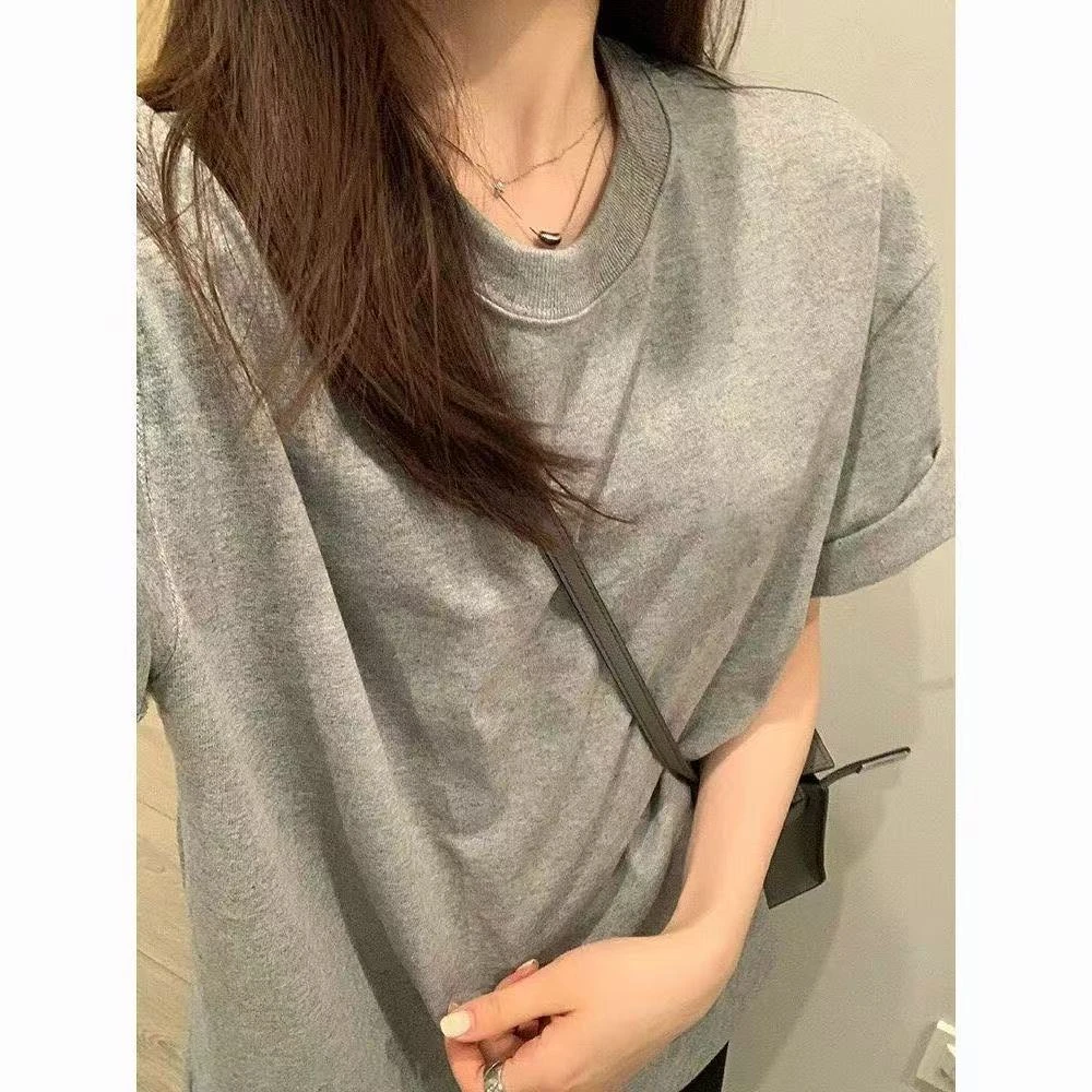 201-300新款春夏女装时尚短袖H显瘦休闲百搭夏季宽松灰色圆领韩版