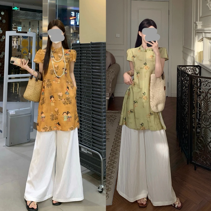 新中式复古套装女夏季2025新款国风印花衬衫高腰阔腿裙裤两件套潮