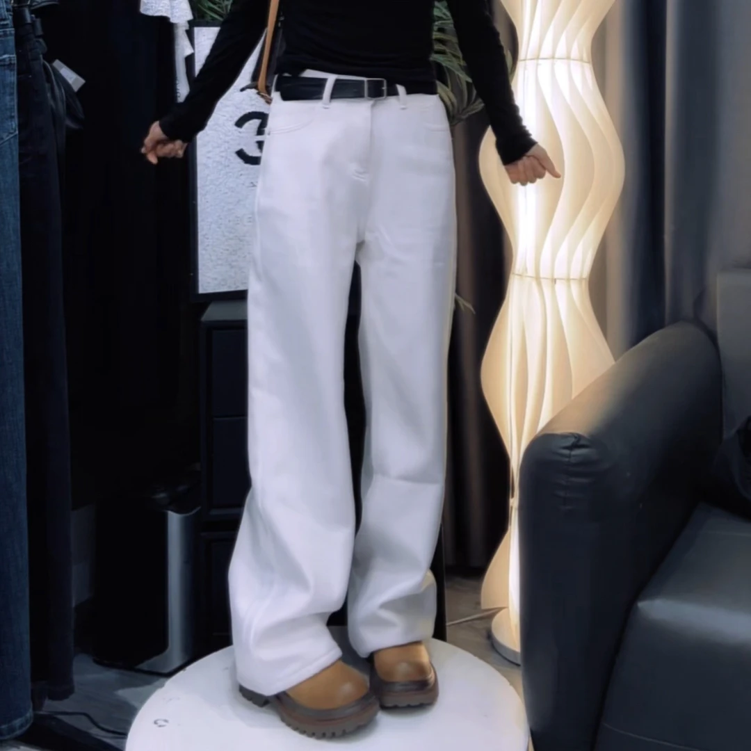 加绒牛仔直筒裤9600时尚潮流白色女秋季美式辣妹休闲宽松百搭阔腿