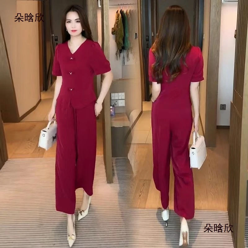 新中式时尚捻丝套装女2025夏季新款洋气显瘦盘扣短袖阔腿裤两件套