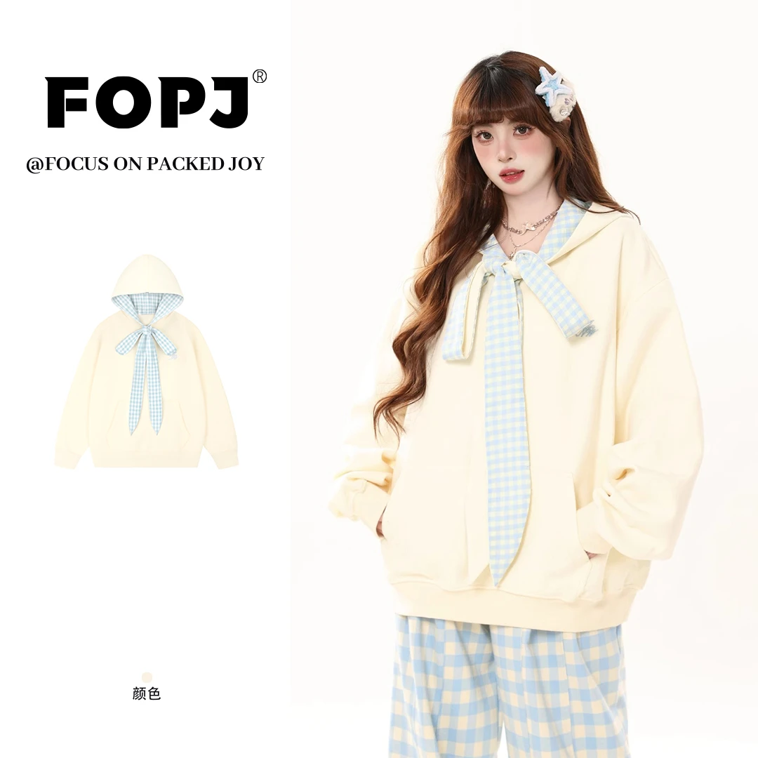 FOPJ刺绣款学院风甜妹格子围巾领设计感连帽卫衣女秋冬款套头外套