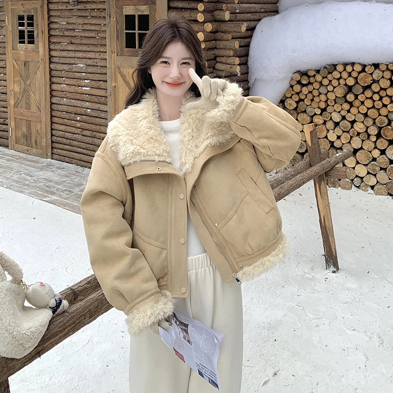 韩系大翻领皮毛一体女短款加厚保暖冬季新款减龄羊羔毛外套小个子
