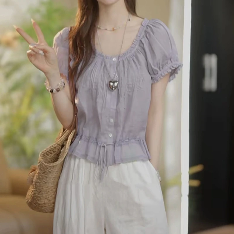 法式慵懒风泡泡袖衬衫女士2025夏季新款时尚气质宽松圆领短款上衣
