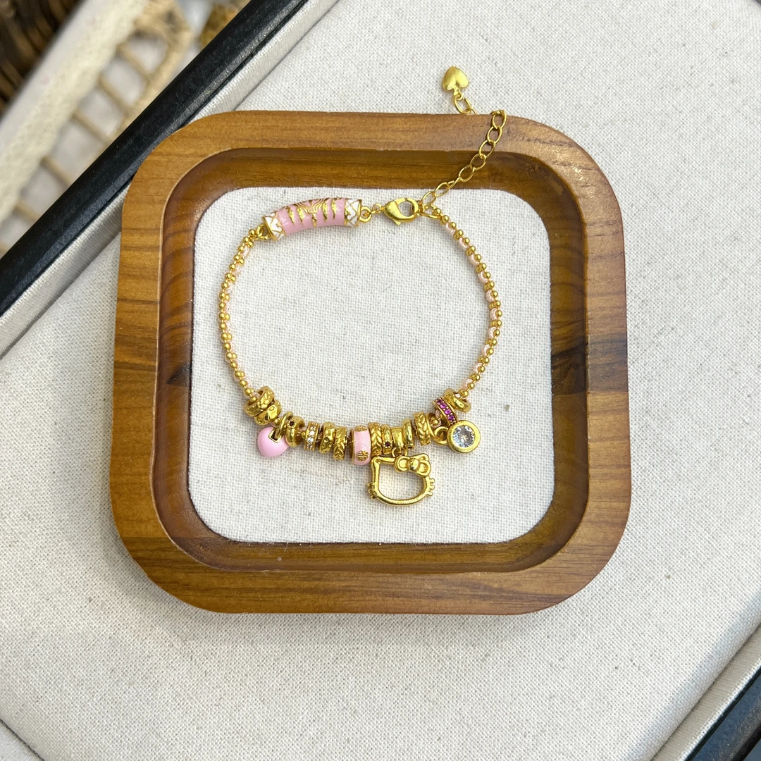 铜合金手链 镀K金小清新粉色弯管KT喵手链五条经盘缠转运珠手串