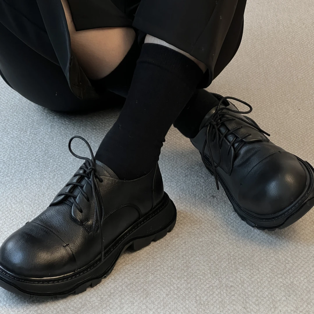 NNMISS·34-39/3cm运动大底圆头系带复古简约百搭通勤休闲小皮鞋