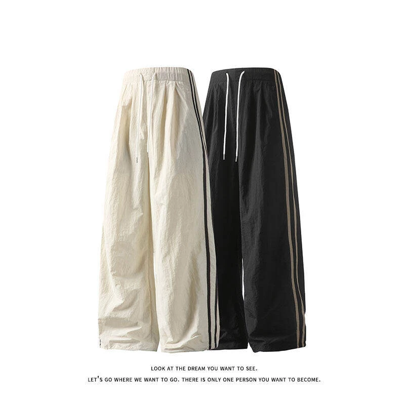 2026夏季美式条纹撞色直筒宽松休闲速干运动裤青少年阔腿休闲裤