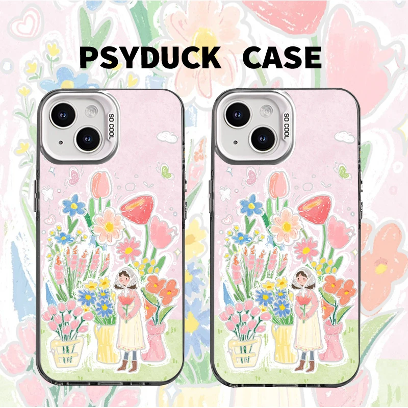 适用苹果华为一加小米镂空养花女孩彩银白底创意防摔手机壳