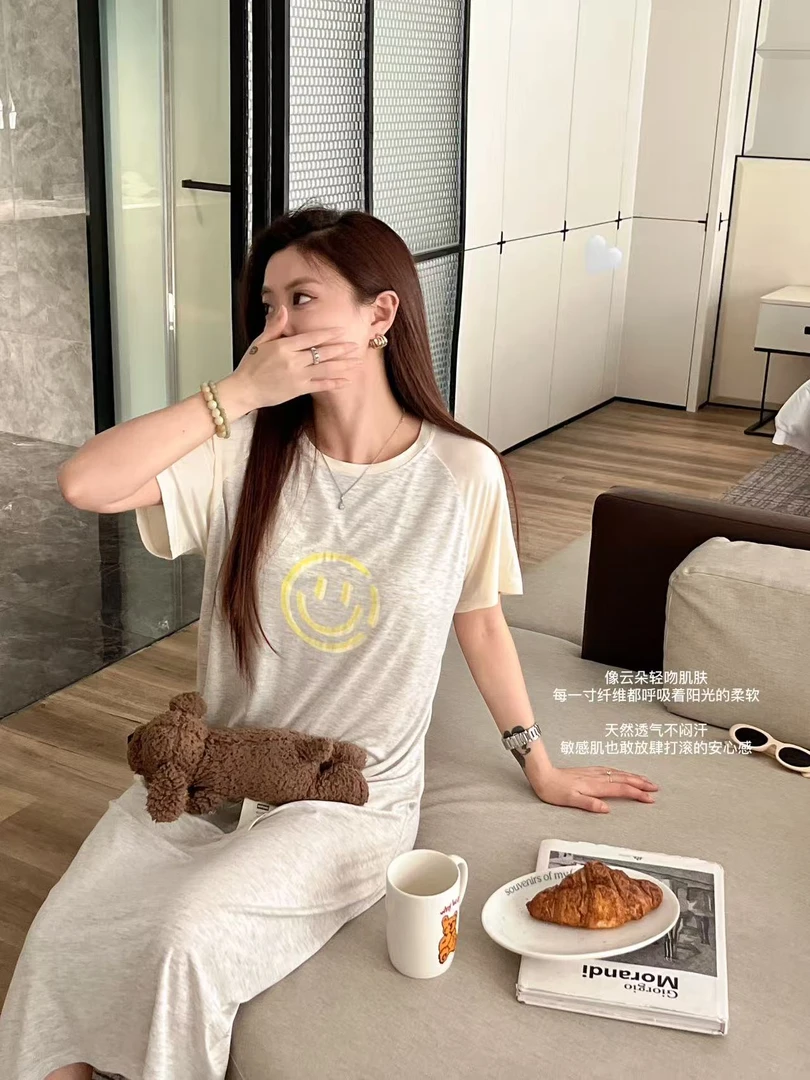 夏季莱赛尔笑脸撞色睡裙自带胸垫凉感宽松中长居家睡衣